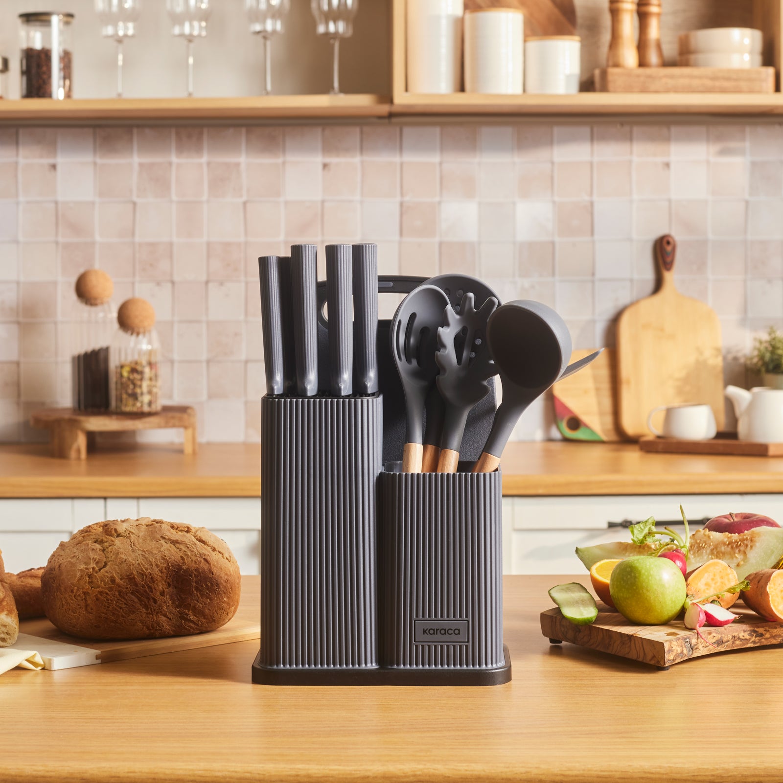 Karaca Massimo 12-Piece Knife Block Set, Chopping Board and Kitchen Ut