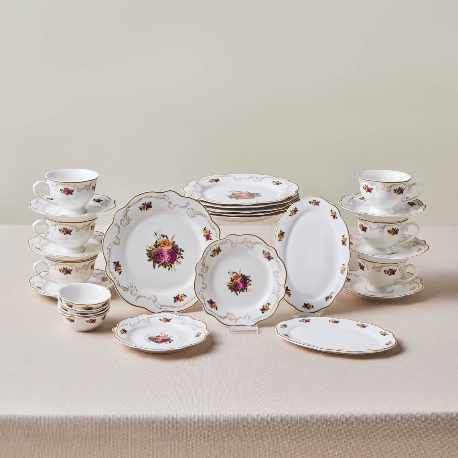 Karaca Forever Bone China Antique 26-Piece Serveware Set for 6 People,