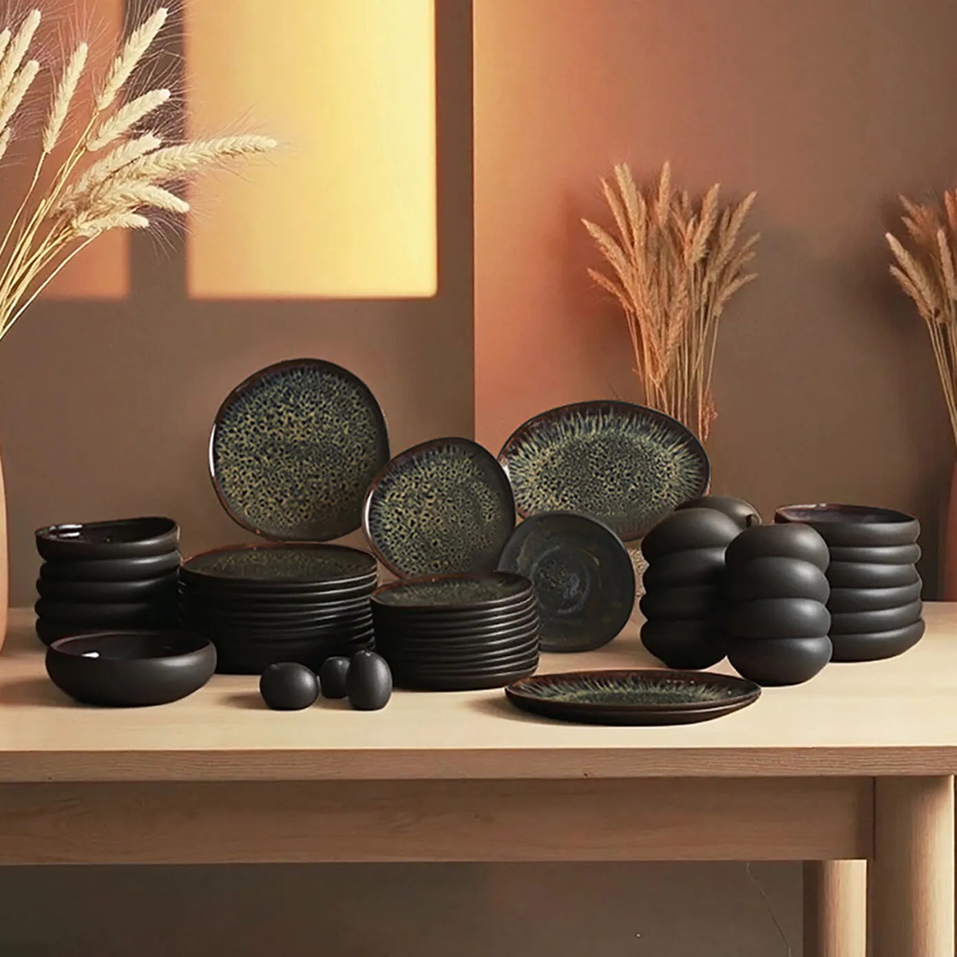 Karaca Earth Collection New Galactic Reactive Glaze 55-Piece Dinner Set for 12 People, Black