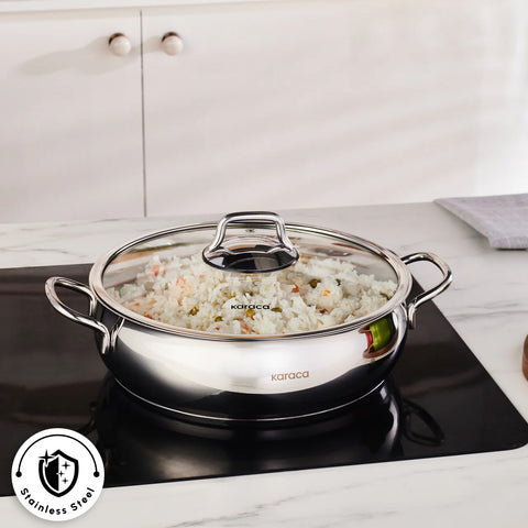 Karaca Emirgan Stainless Steel Shallow Casserole with Lid, 30cm, Silver
