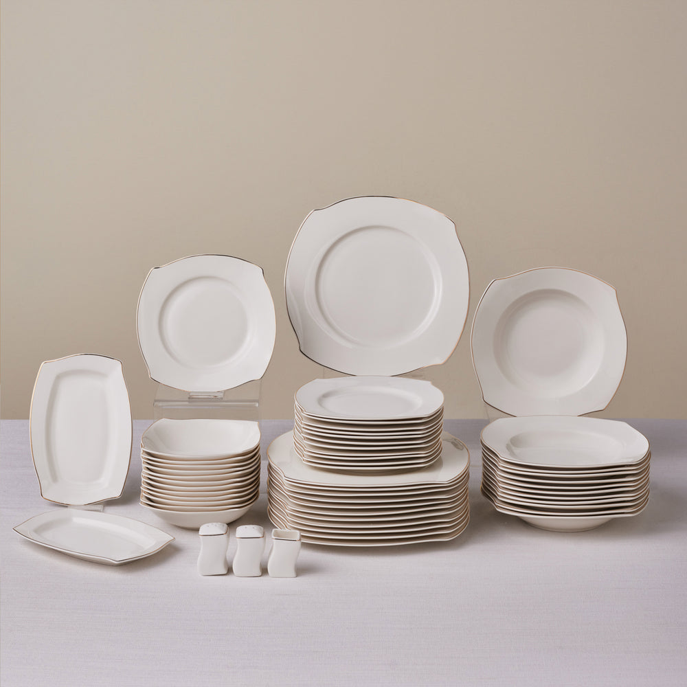 Karaca Square Bone China Wave 53-Piece Dinner Set for 12 People, Gold