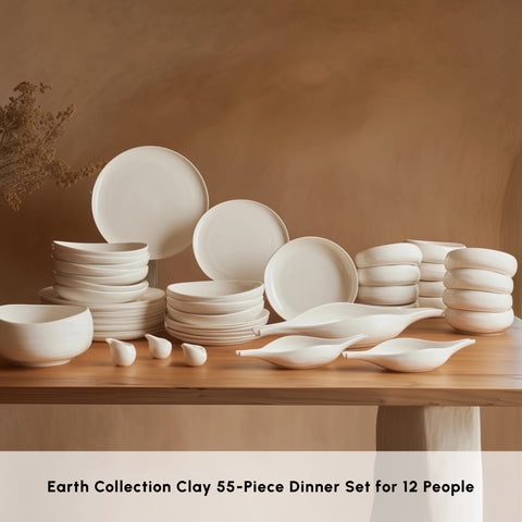 Karaca Earth Collection Clay 55-Piece Porcelain Dinner Set for 12 People, White