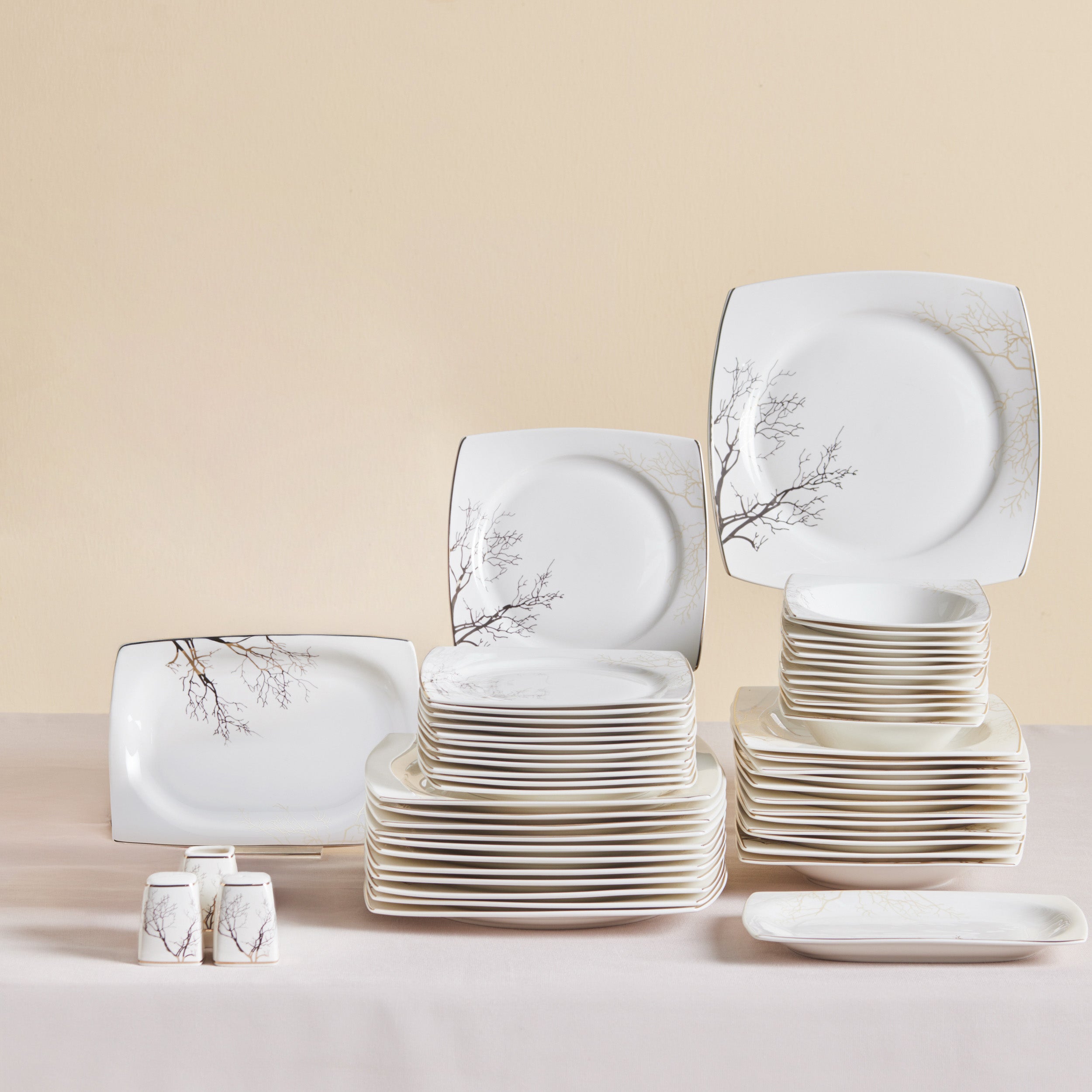 Karaca Square Bone China Autumn 53-Piece Dinner Set for 12 People, Whi