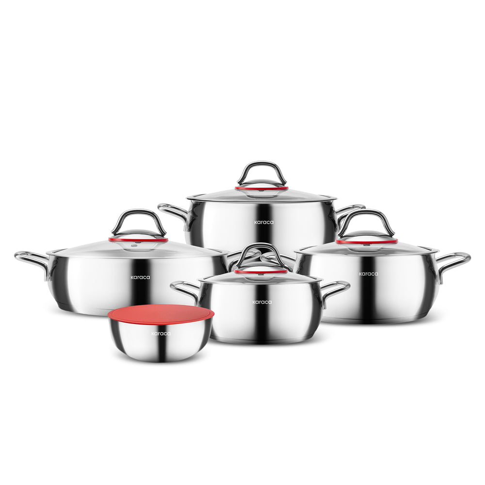 Karaca Emirgan XL 10-Piece Stainless Steel Induction Cookware Set with Storage Container, Silver Red