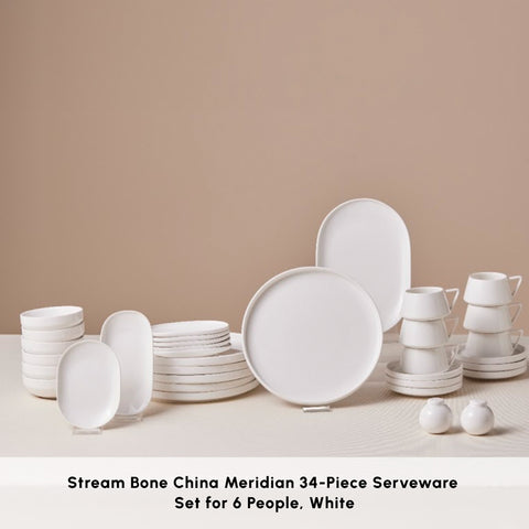 Karaca Stream Bone China Meridian 34-Piece Serveware Set for 6 People, White