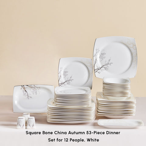 Karaca Square Bone China Autumn 53-Piece Dinner Set for 12 People, White