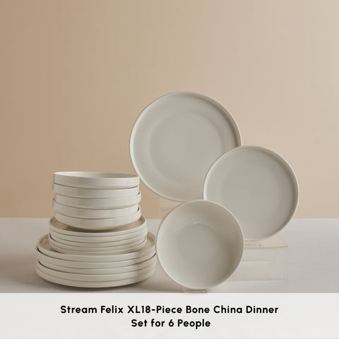 Karaca Stream Bone China Felix XL 18-Piece China Dinner Set for 6 People, White