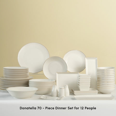 Karaca Bone China Donatella 70-Piece Dinner Set for 12 People, Gold White