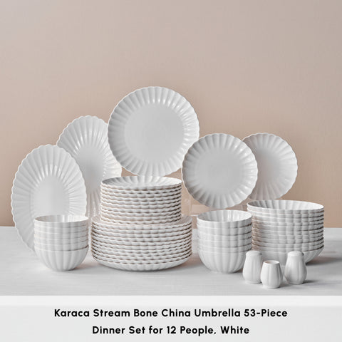 Karaca Stream Bone China Umbrella 53-Piece Dinner Set for 12 People, White
