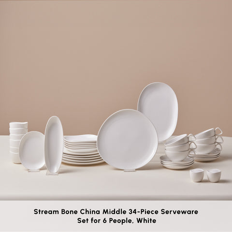 Karaca Stream Bone China Middle 34-Piece Serveware Set for 6 People, White