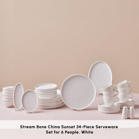 Karaca Stream Bone China Sunset 34-Piece Serveware Set for 6 People, White