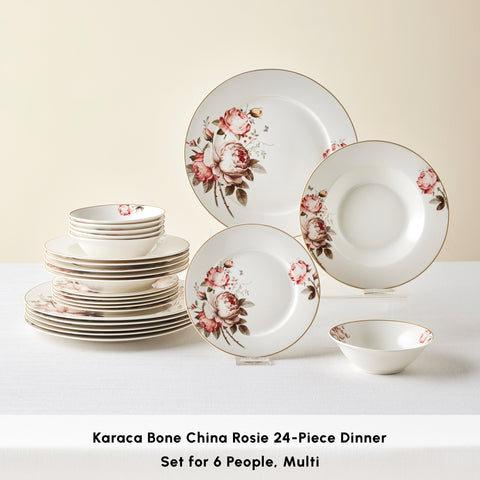 Karaca Bone China Rosie 24-Piece Dinner Set for 6 People, Multi