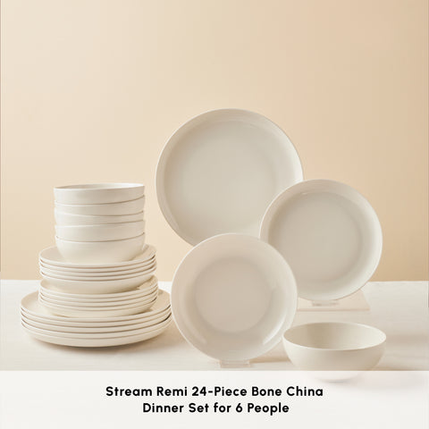 Karaca Streamline Remi Bone China 24-Piece Dinner Set for 6 People, White
