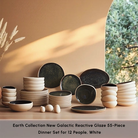 Karaca Earth Collection New Galactic Reactive Glaze 55-Piece Dinner Set for 12 People, White