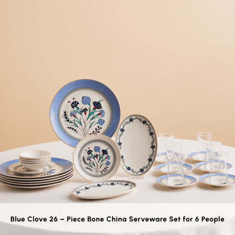 Karaca Bone China Blue Clove 26-Piece Serveware Set for 6 People, Multi