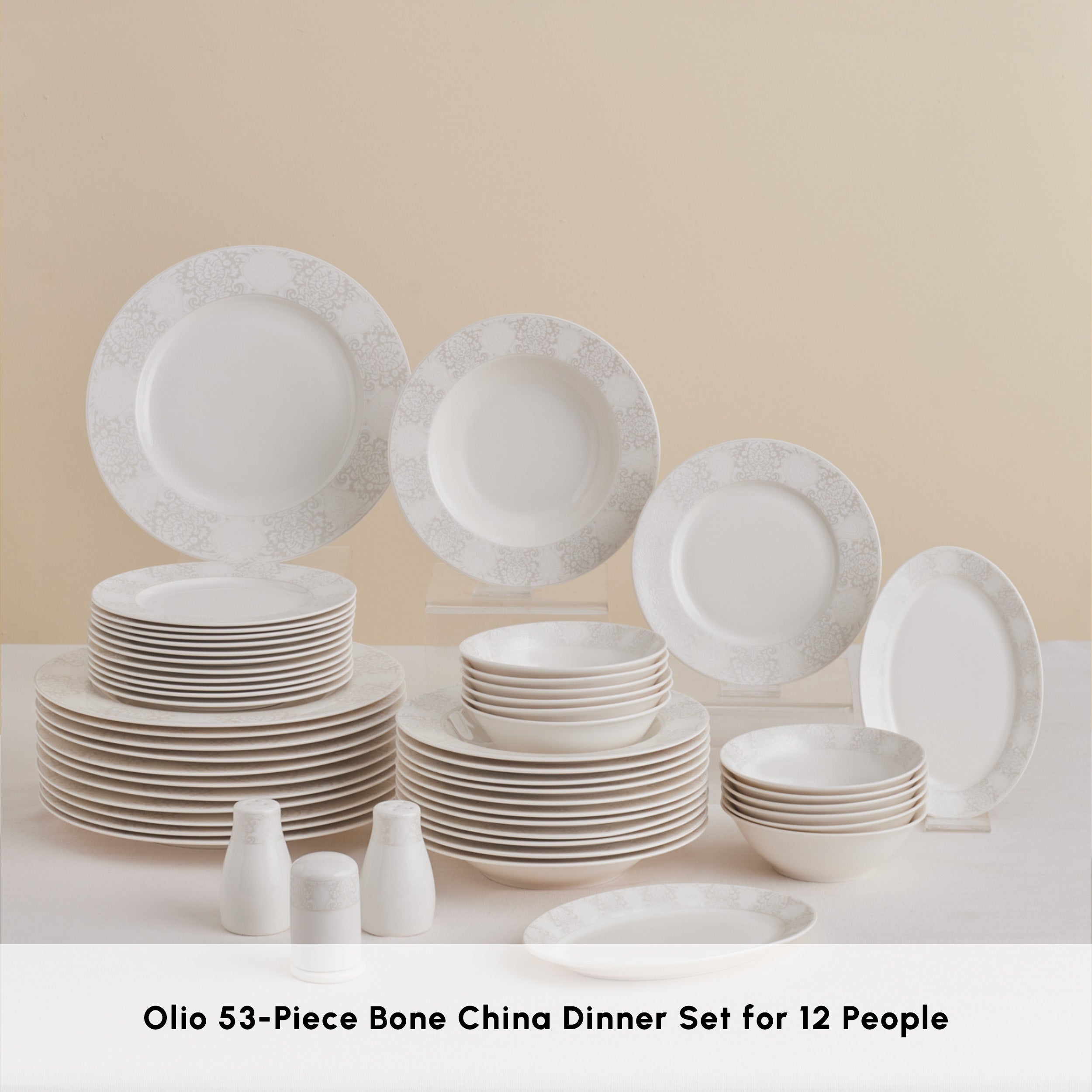 Karaca Forever Bone China New Olio 53-Piece Dinner Set for 12 People,