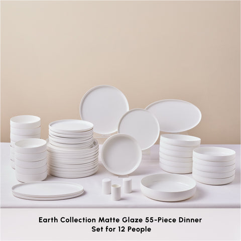 Karaca Earth Collection Matte Glaze 55-Piece Porcelain Dinner Set for 12 People, White