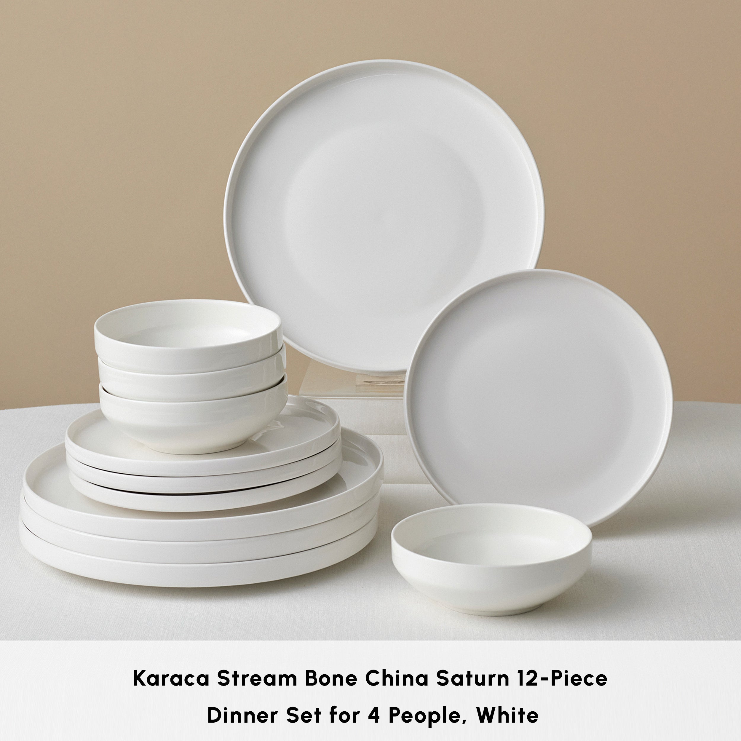 Karaca Stream Bone China Saturn 12-Piece Dinner Set for 4 People, Whit