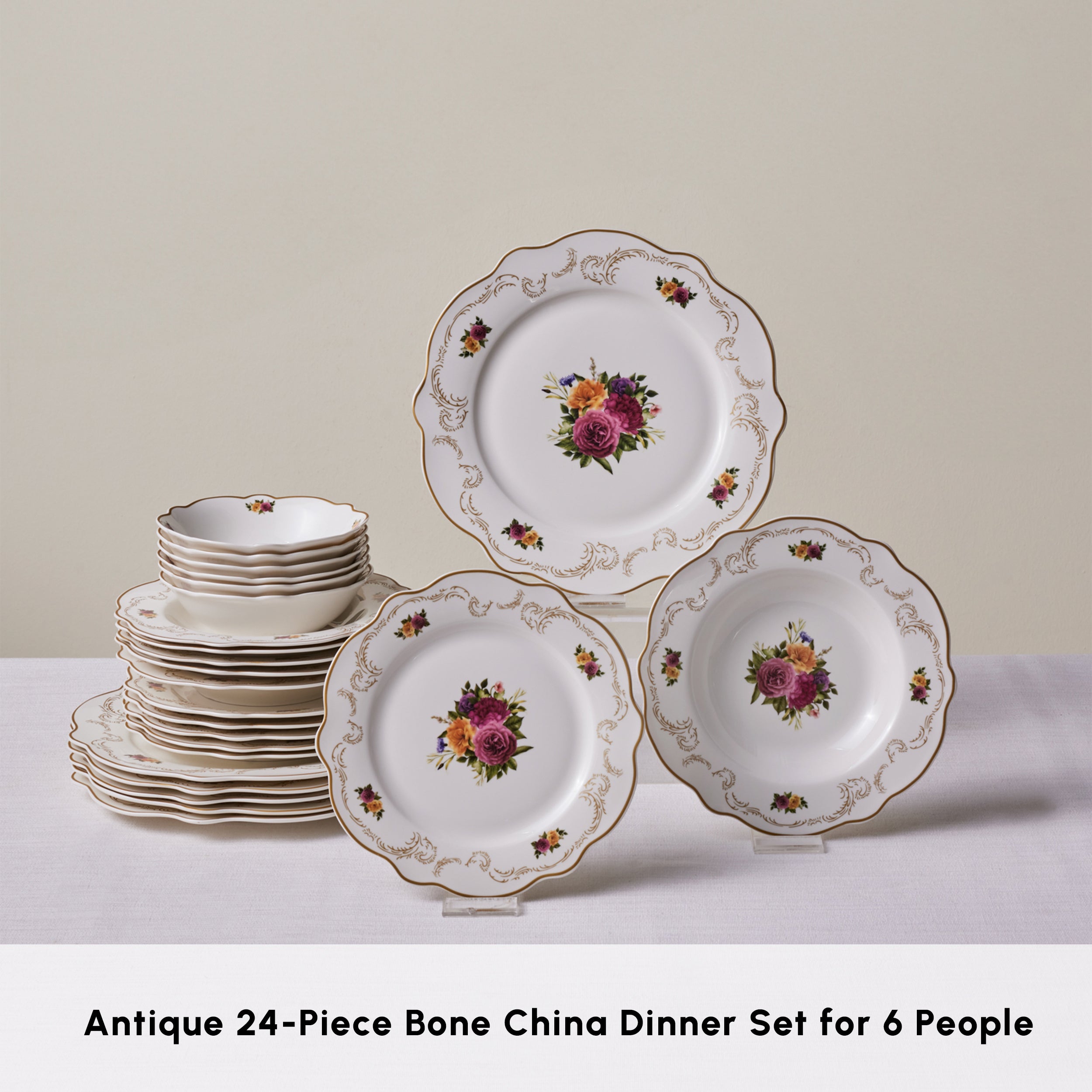 Karaca Forever Bone China Antique 24-Piece Dinner Set for 6 People, Mu