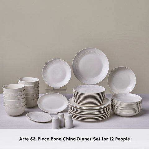 Karaca Forever Bone China Arte 53-Piece Dinner Set for 12 People, White