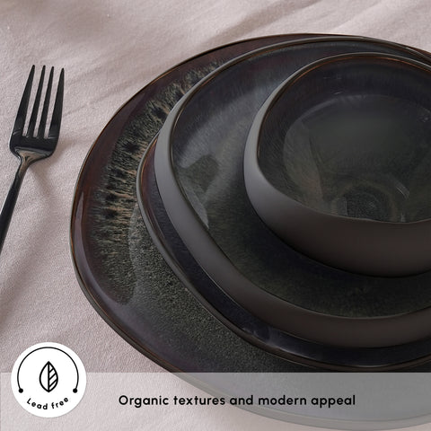 Karaca Earth Collection New Galactic Reactive Glaze 55-Piece Dinner Set for 12 People, Black