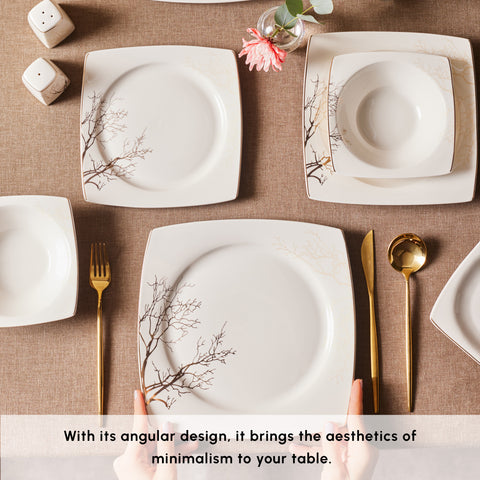 Karaca Square Bone China Autumn 53-Piece Dinner Set for 12 People, White