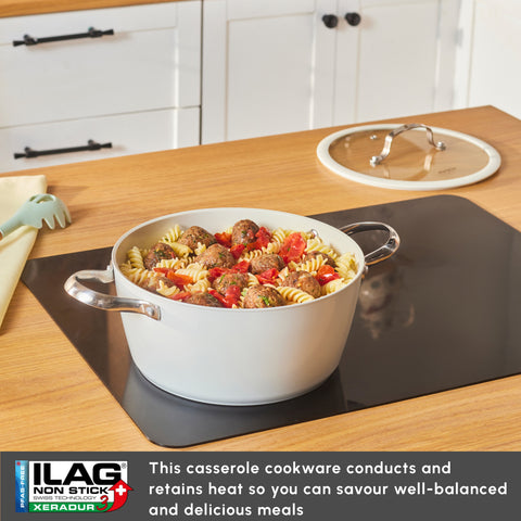 Karaca Swiss Crystal Almond Cream Non-Stick Induction Stainless Steel Handle Casserole & Lid, 24cm, Cream