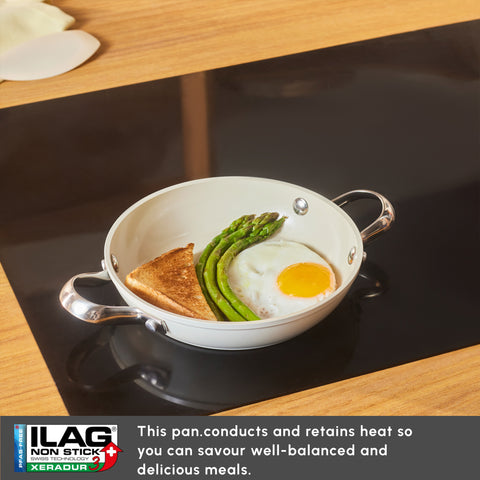 Karaca Swiss Crystal Almond Cream Non-Stick Induction Stainless Steel Handle Shallow Pan, 18cm, Cream