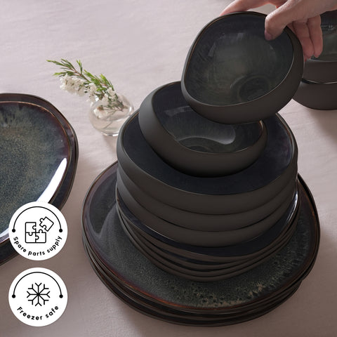 Karaca Earth Collection New Galactic Reactive Glaze 55-Piece Dinner Set for 12 People, Black