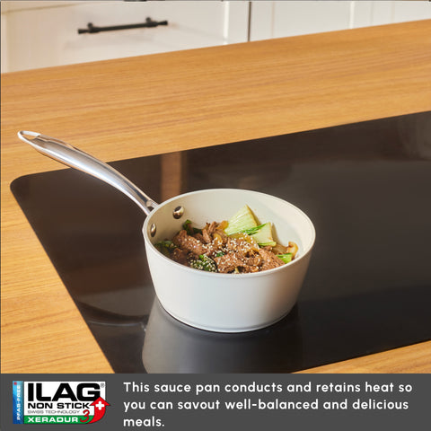 Karaca Swiss Crystal Almond Cream Non-Stick Induction Stainless Steel Handle Sauce Pan, 16cm, Cream