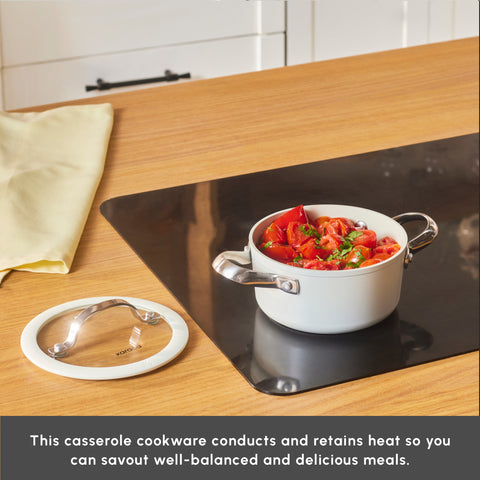 Karaca Swiss Crystal Almond Cream Non-Stick Induction Stainless Steel Handle Casserole & Lid, 14cm, Cream