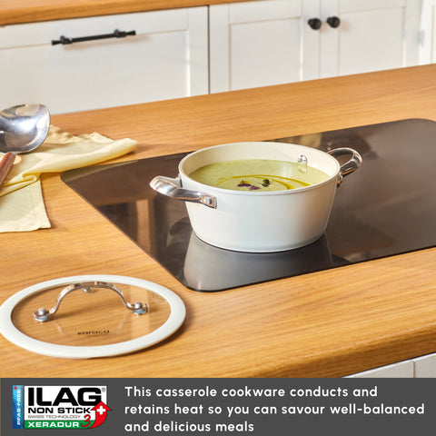 Karaca Swiss Crystal Almond Cream Non-Stick Induction Stainless Steel Handle Casserole & Lid, 20cm, Cream