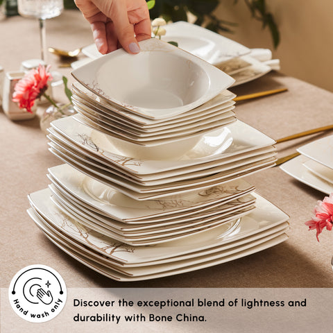 Karaca Square Bone China Autumn 53-Piece Dinner Set for 12 People, White