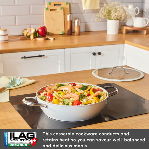 Karaca Swiss Crystal Almond Cream Non-Stick Induction Stainless Steel Handle Shallow Casserole & Lid, 30cm, Cream