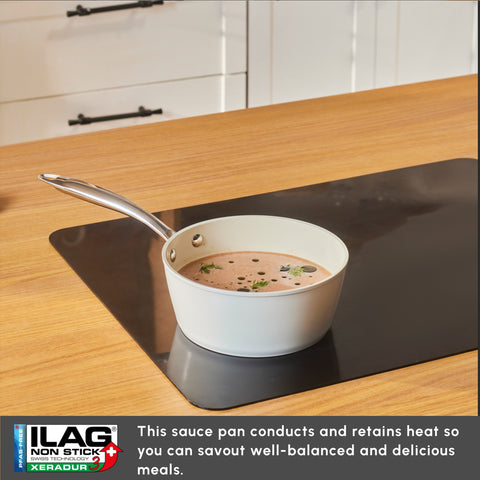 Karaca Swiss Crystal Almond Cream Non-Stick Induction Stainless Steel Handle Sauce Pan, 18cm, Cream