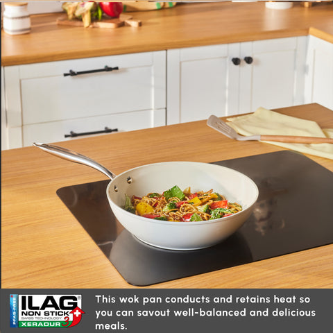 Karaca Swiss Crystal Almond Cream Non-Stick Induction Handle Wok, 28cm, Cream