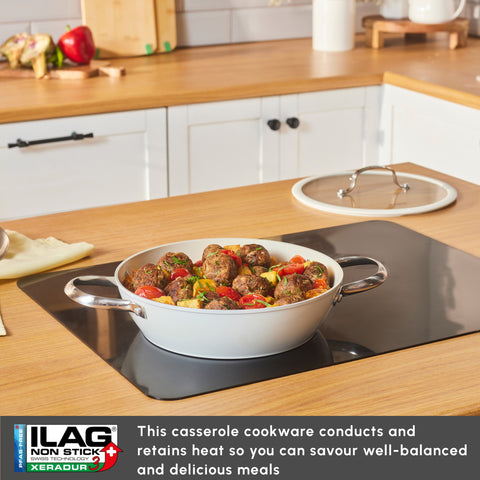 Karaca Swiss Crystal Almond Cream Non-Stick Induction Stainless Steel Handle Shallow Casserole & Lid, 26cm, Cream