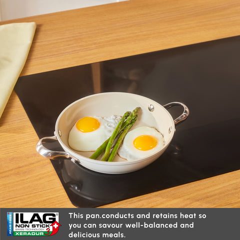 Karaca Swiss Crystal Almond Cream Non-Stick Induction Stainless Steel Handle Shallow Pan, 20cm, Cream