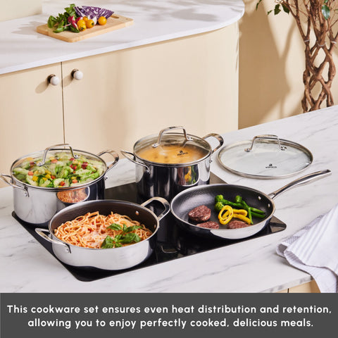 Karaca Ceramica Steel 3Ply Stainless Steel 7-Piece Induction Non-Stick Cookware Set, Silver
