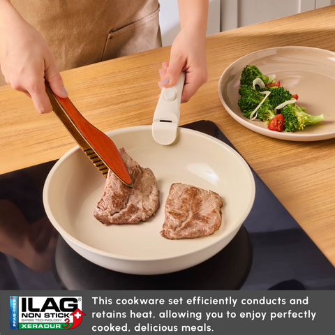 Karaca Ceramica Comfort 6-Piece Induction Non-Stick Detachable Cookware Set, Cream