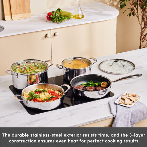 Karaca 3Ply Stainless Steel Sparkle 7-Piece Non-Stick Induction Cookware Set, Silver