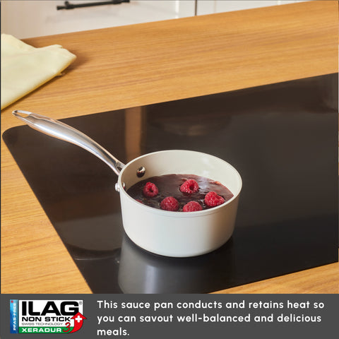 Karaca Swiss Crystal Almond Cream Non-Stick Induction Stainless Steel Handle Sauce Pan, 14cm, Cream