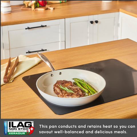 Karaca Swiss Crystal Almond Cream Non-Stick Induction Stainless Steel Handle Pan, 32cm, Cream