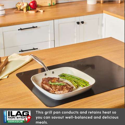 Karaca Swiss Crystal Almond Cream Non-Stick Induction Stainless Steel Handle Grill, 28cm, Cream