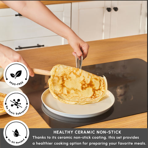 Karaca Swiss Crystal Almond Cream Non-Stick Induction Stainless Steel Handle Pancake Pan, 25cm, Cream