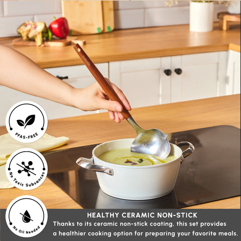 Karaca Swiss Crystal Almond Cream Non-Stick Induction Stainless Steel Handle Casserole & Lid, 18cm, Cream