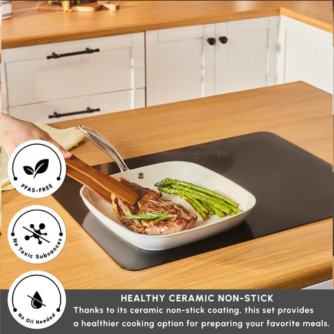 Karaca Swiss Crystal Almond Cream Non-Stick Induction Stainless Steel Handle Grill, 28cm, Cream