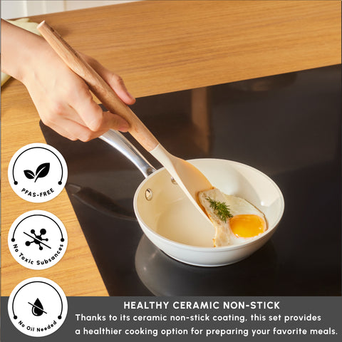 Karaca Swiss Crystal Almond Cream Non-Stick Induction Stainless Steel Handle Pan, 16cm, Cream