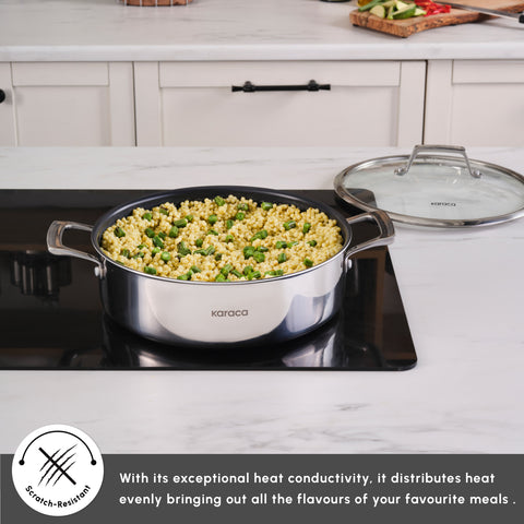 Karaca Plasma Steel 3Ply Non-Stick Induction Shallow Casserole, 26cm, Silver