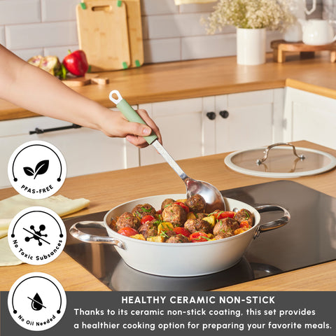 Karaca Swiss Crystal Almond Cream Non-Stick Induction Stainless Steel Handle Shallow Casserole & Lid, 26cm, Cream